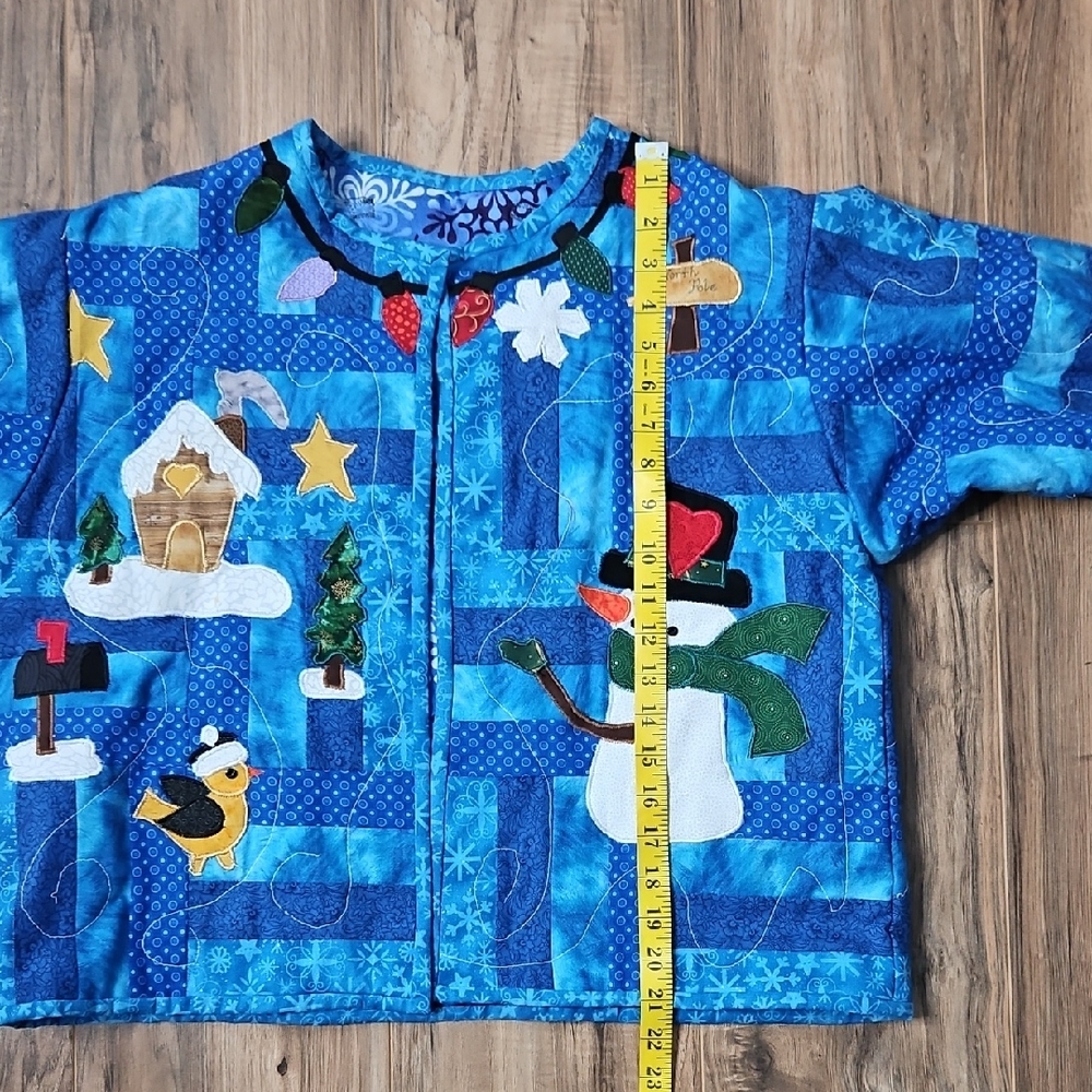 Hand Crafted Blue Women’s Patchwork Quilted Jacket with Snowman Design M/L - Picture 8 of 11